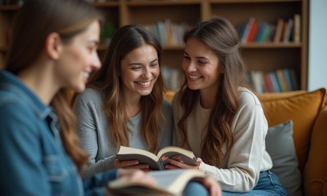 Close-up of friends conversing over books in a stylish lounge