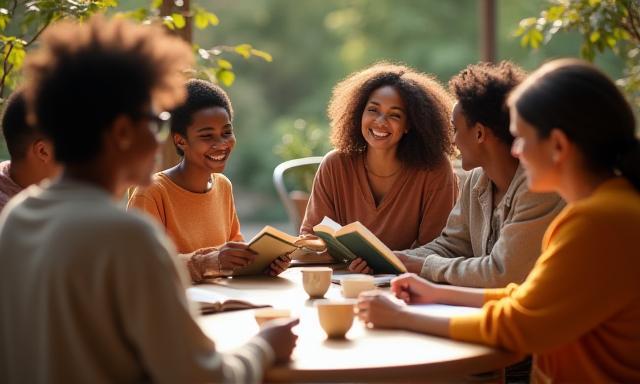 Diverse group happily discussing books around a cafe table