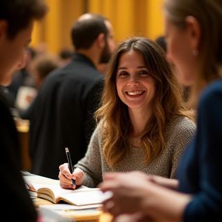 Author signing books at an event